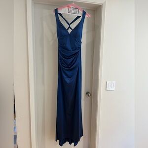 Long Dark Blue Satin Formal Halter Top Open Back Dress